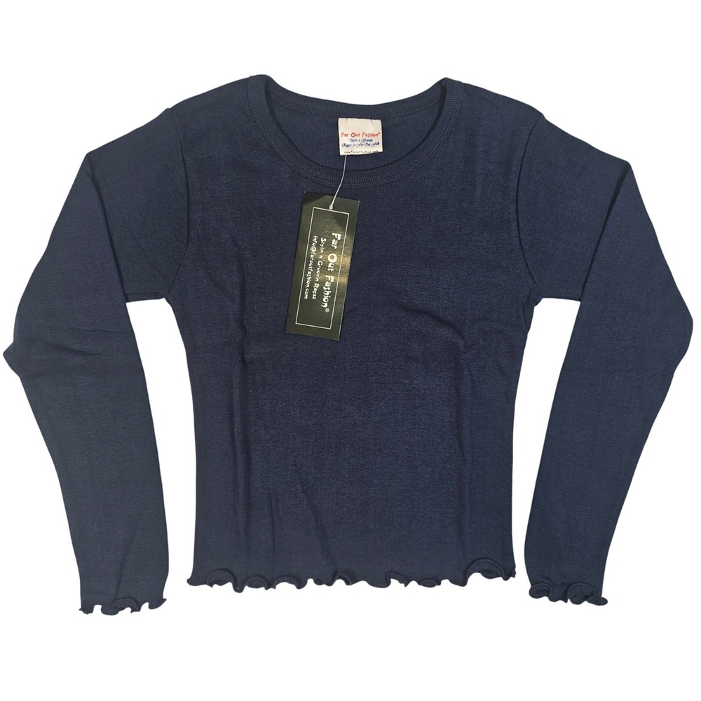 Far Out Fashion Navy Blue Lettuce Edge Long Sleeve Ribbed Cotton Top‎ Small NEW